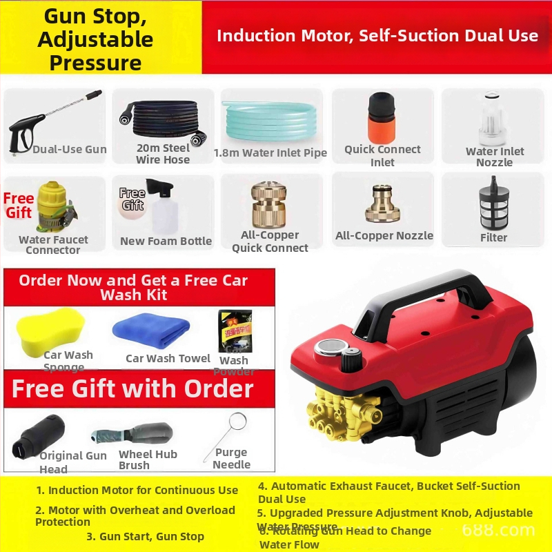 Vysokotlaký čistiaci stroj na autá — prenosný, domáci, plne automatický; výkon 3000 W, 220 V, prietok 16 L/min, dĺžka hadice 7–20 m, hmotnosť 9,5 kg