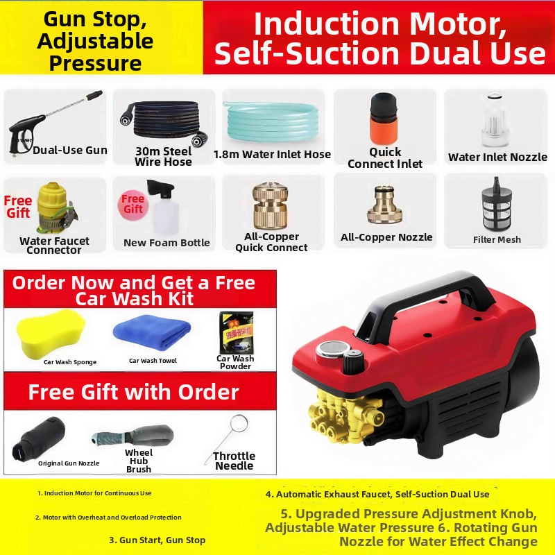 Vysokotlaký čistiaci stroj na autá — prenosný, domáci, plne automatický; výkon 3000 W, 220 V, prietok 16 L/min, dĺžka hadice 7–20 m, hmotnosť 9,5 kg