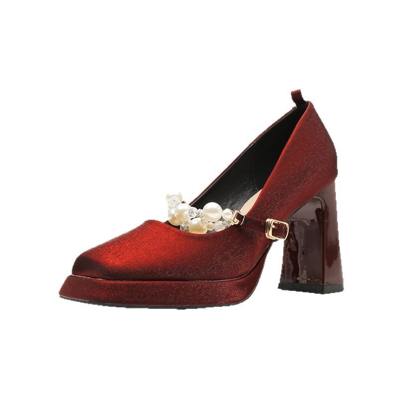Satenske visoke štikle s perljanim lancem, Mary Jane stil, kvadratni vrh, platforma, debeli pet, kopča