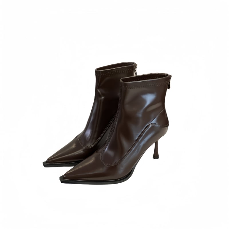 Ženske uske čizme s oštrim vrhom, PU gornji dio, 6–8 cm tanka potpetica, zatvarač straga