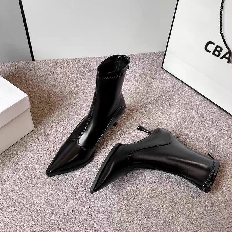 Ženske uske čizme s oštrim vrhom, PU gornji dio, 6–8 cm tanka potpetica, zatvarač straga