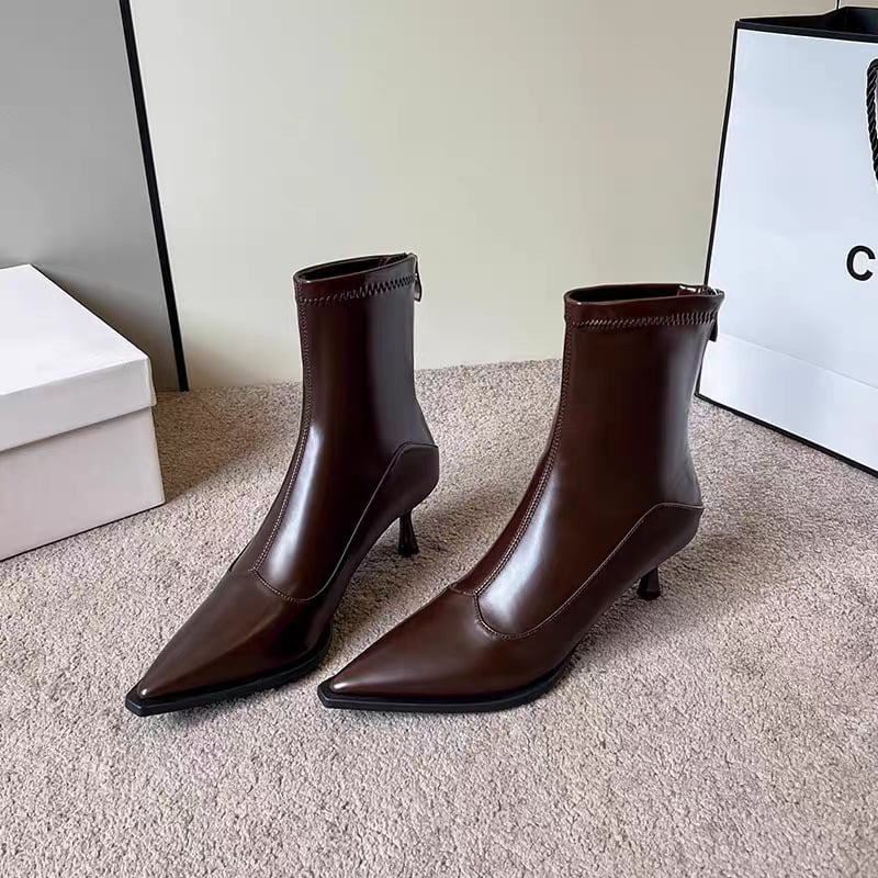 Ženske uske čizme s oštrim vrhom, PU gornji dio, 6–8 cm tanka potpetica, zatvarač straga
