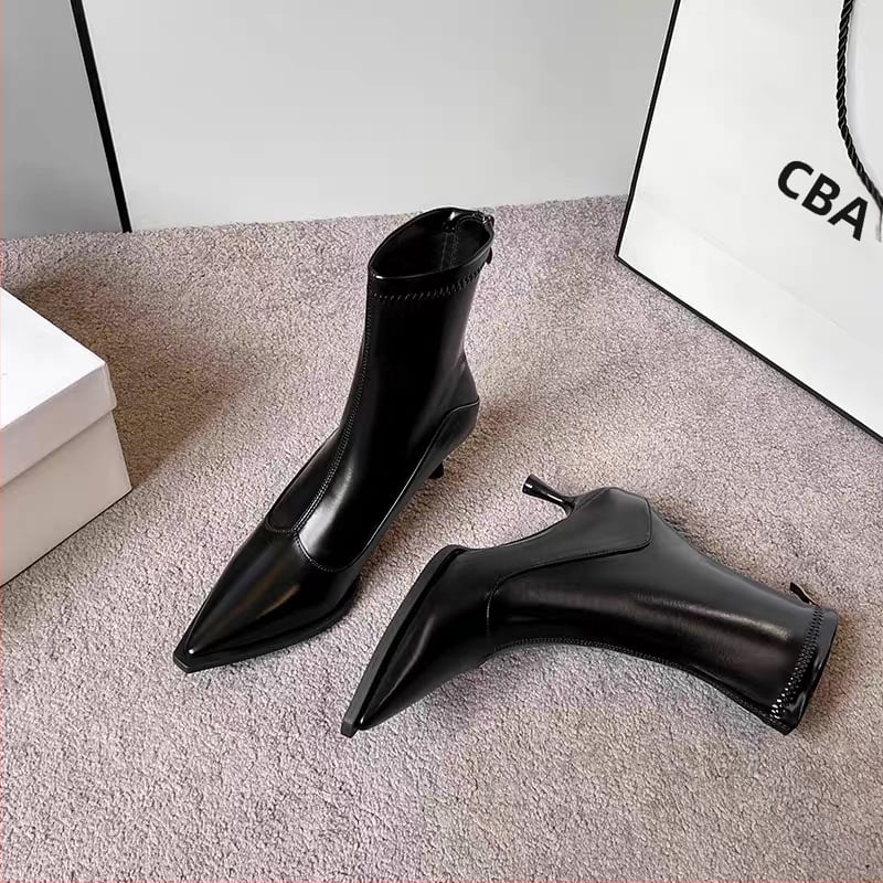 Ženske uske čizme s oštrim vrhom, PU gornji dio, 6–8 cm tanka potpetica, zatvarač straga