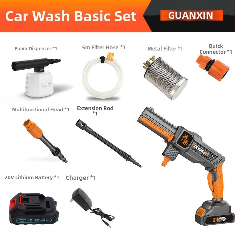 Jiaolong – unealtă de spălat auto fără fir, baterie litiu, presiune 2.4 MPa, debit 2.5 L/min, putere ≤300W, furtun ieșire 5 m