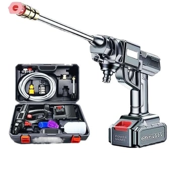 Spălător auto fără fir, cu presiune înaltă, cu motor de inducție, construcție din cupru, alimentare pe baterie Li, aparat portabil, furtun 10–20 m, debit 4–8 L/min