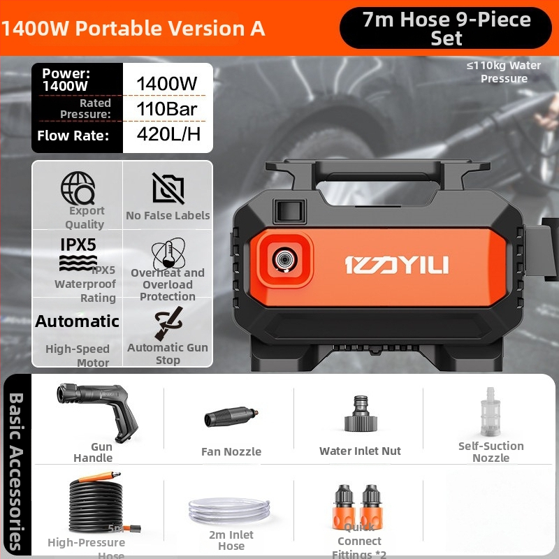 Aparat de spălat auto cu presiune înaltă, model YLQ3012H, 220V, 1400W, motor AC, 2,5–25 MPa, 3,6 kg