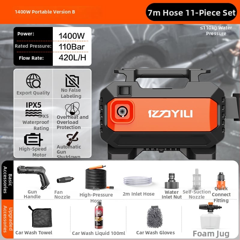 Aparat de spălat auto cu presiune înaltă, model YLQ3012H, 220V, 1400W, motor AC, 2,5–25 MPa, 3,6 kg