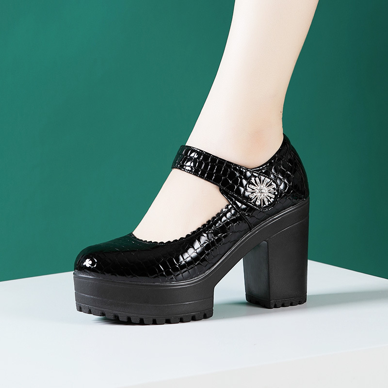 Ženske cipele s visokim petama od prave kože, okrugla prednja, debeli pet 6-8 cm, Velcro zatvarač