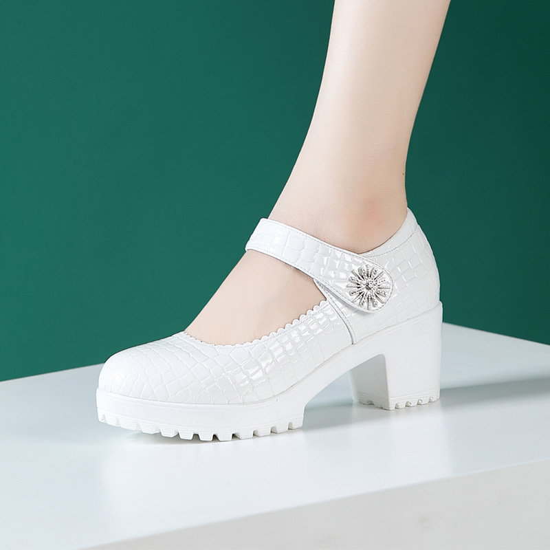 Ženske cipele s visokim petama od prave kože, okrugla prednja, debeli pet 6-8 cm, Velcro zatvarač