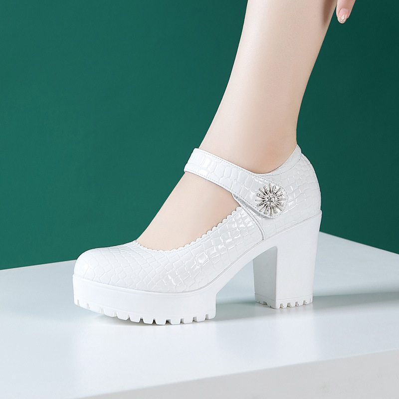 Ženske cipele s visokim petama od prave kože, okrugla prednja, debeli pet 6-8 cm, Velcro zatvarač