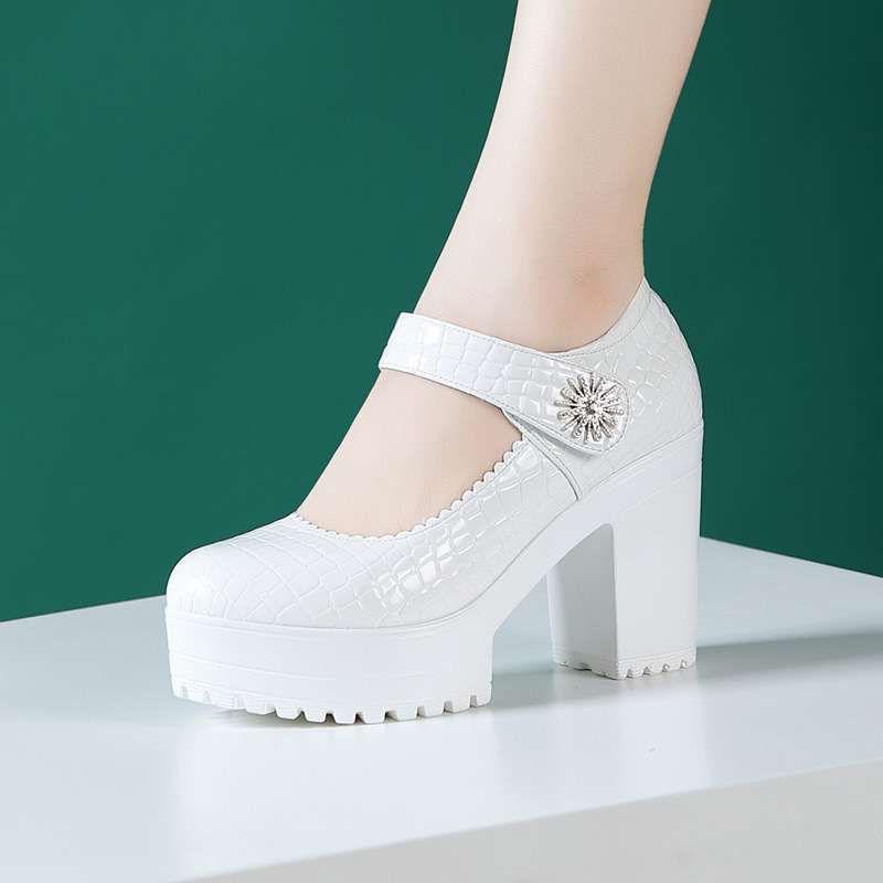 Ženske cipele s visokim petama od prave kože, okrugla prednja, debeli pet 6-8 cm, Velcro zatvarač