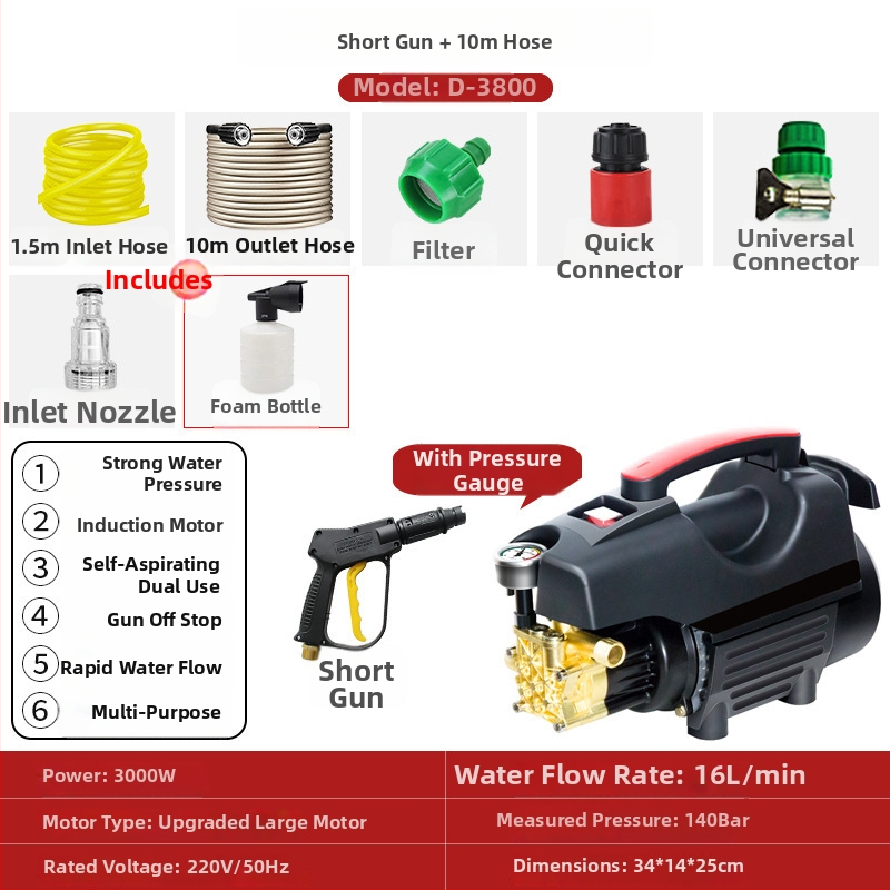 Domáci vysokotlakový čistič áut - prenosný a kompaktný, model 033, 220V, 3000W, 140 bar, 16 L/min