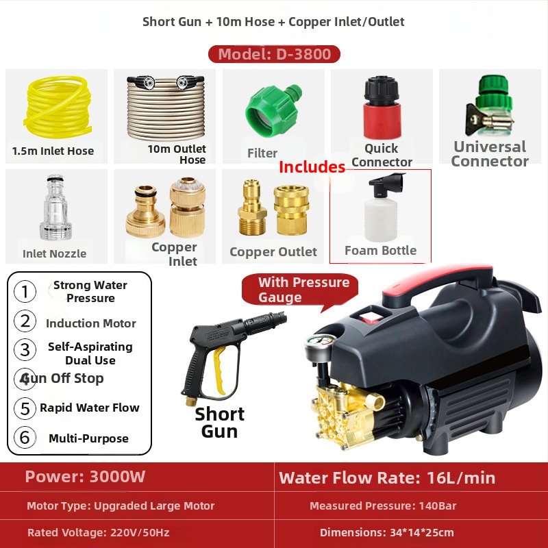 Domáci vysokotlakový čistič áut - prenosný a kompaktný, model 033, 220V, 3000W, 140 bar, 16 L/min