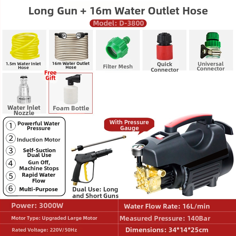 Domáci vysokotlakový čistič áut - prenosný a kompaktný, model 033, 220V, 3000W, 140 bar, 16 L/min