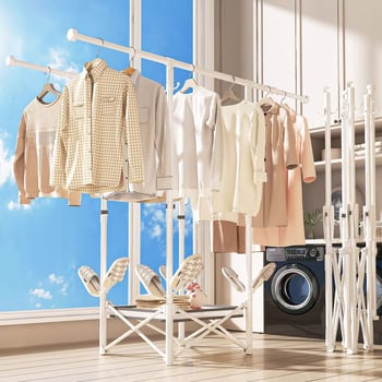 Подова мобилна сушилня за дрехи, сгъваема, с една пръчка, въглеродна стомана, модел DL11, модерен минимализъм