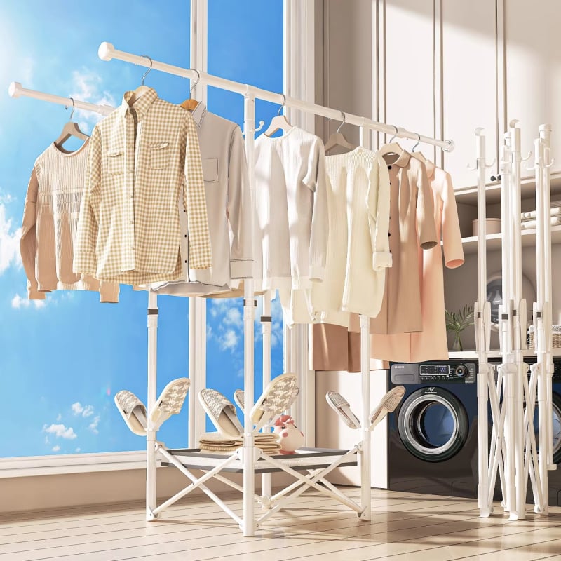 Подова мобилна сушилня за дрехи, сгъваема, с една пръчка, въглеродна стомана, модел DL11, модерен минимализъм