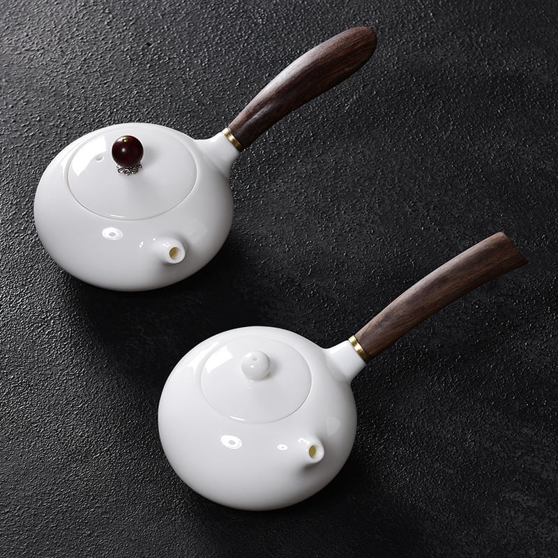 Ceainic Dehua din porțelan alb cu jad și grăsime de oaie, mâner lateral ceramic, pentru uz casnic, set individual pentru ceai kung fu, en-gros.