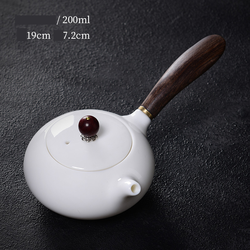 Ceainic Dehua din porțelan alb cu jad și grăsime de oaie, mâner lateral ceramic, pentru uz casnic, set individual pentru ceai kung fu, en-gros.