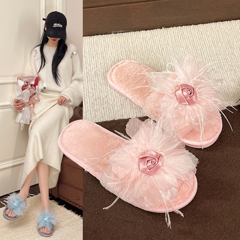 Ženske papuče s mašnom od perja, velura gornji dio, potplat od gume, protuklizne, unutarnje za zimu i jesen