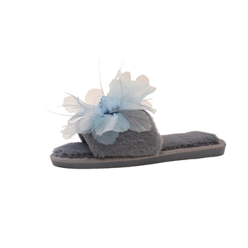 Ženske papuče s mašnom od perja, velura gornji dio, potplat od gume, protuklizne, unutarnje za zimu i jesen