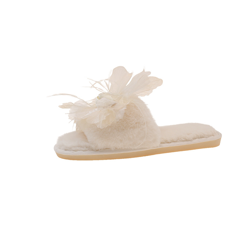 Ženske papuče s mašnom od perja, velura gornji dio, potplat od gume, protuklizne, unutarnje za zimu i jesen