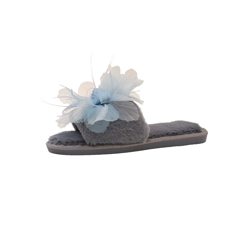 Ženske papuče s mašnom od perja, velura gornji dio, potplat od gume, protuklizne, unutarnje za zimu i jesen