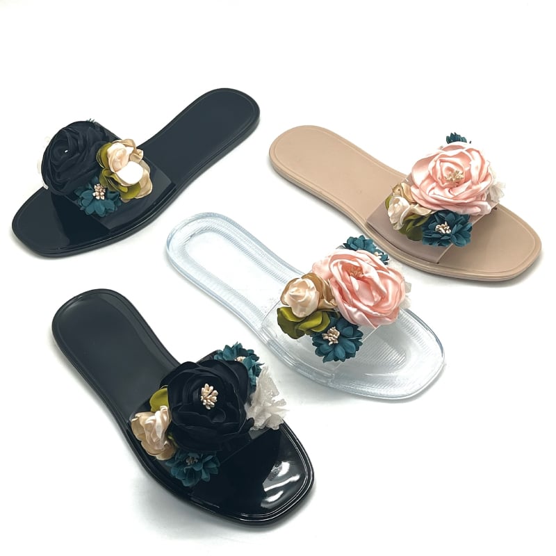 Ženske ravne sandale s floralnim uzorkom - gornji PVC, potplat PVC, debljina potplata 0-3 cm, ravna potplata