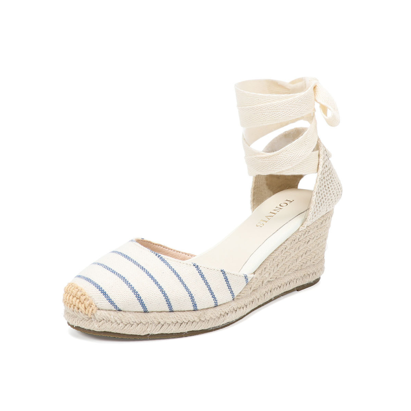 Remenaste sandale, gornji dio od lana, okrugli vrh, klinasti potpetica 6–8 cm, gumeni đon