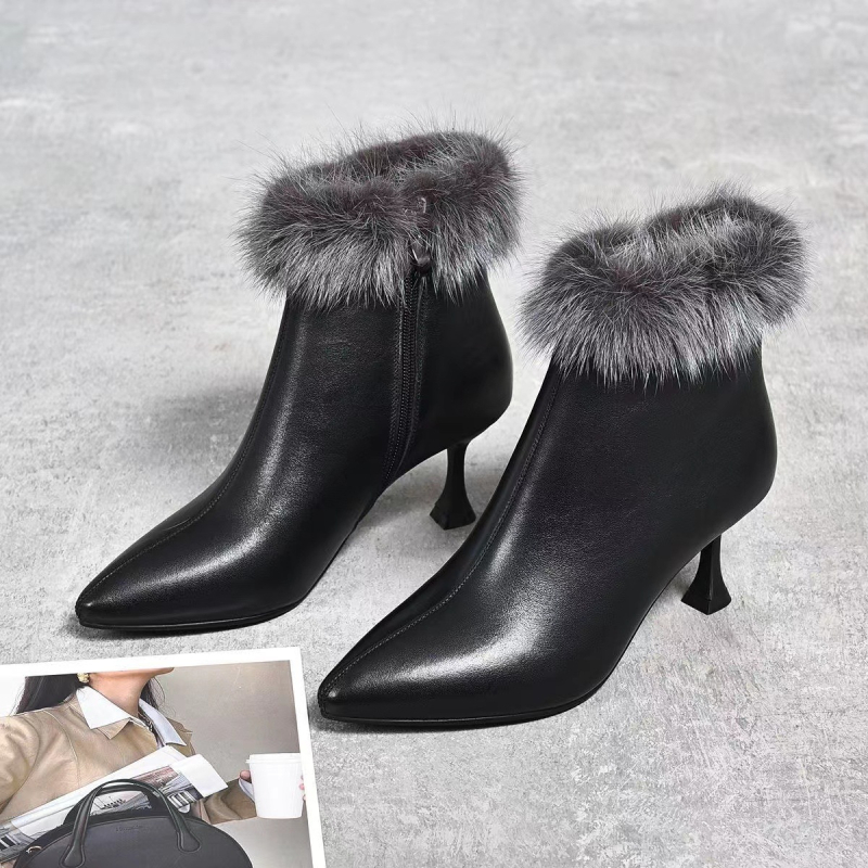 Žene kratke čizme s visokim petom, oštar nos, 6–8 cm peta, kašmir nubuk od ovčje kože, bočni zatvarač, gumeni potplat