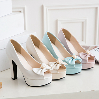 Pantofi de banchet femei cu vârf în formă de gură de pește, detaliu fundă, toc gros, partea superioară PU artificială, talpă din cauciuc