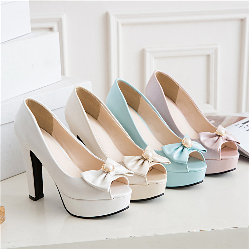 Pantofi de banchet femei cu vârf în formă de gură de pește, detaliu fundă, toc gros, partea superioară PU artificială, talpă din cauciuc