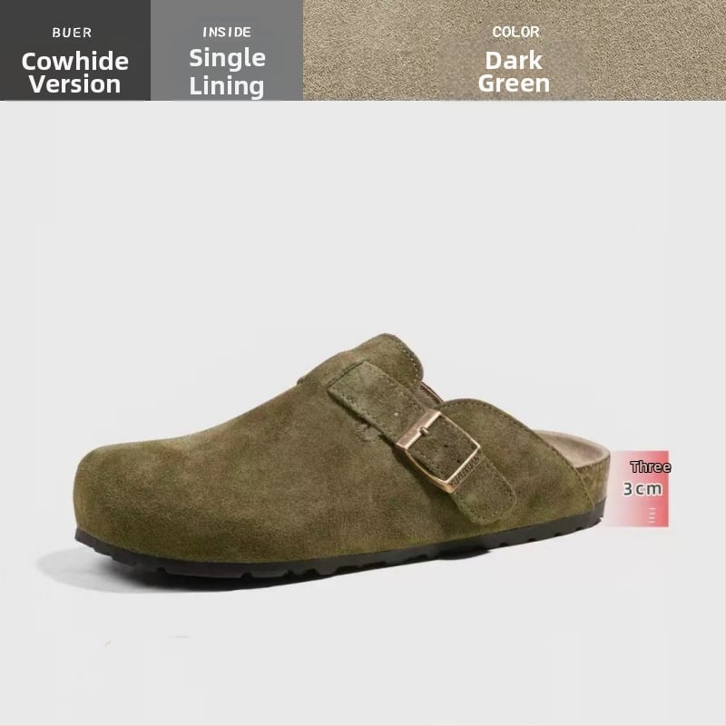 Kožne papuče s kapom na prstima od hovinjeg velura, potplat od prirodne gume, unutrašnjost od super vlakana — ljeto 2024