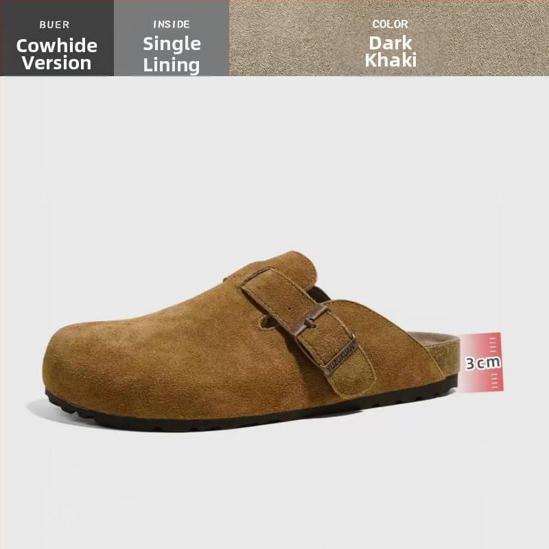 Kožne papuče s kapom na prstima od hovinjeg velura, potplat od prirodne gume, unutrašnjost od super vlakana — ljeto 2024