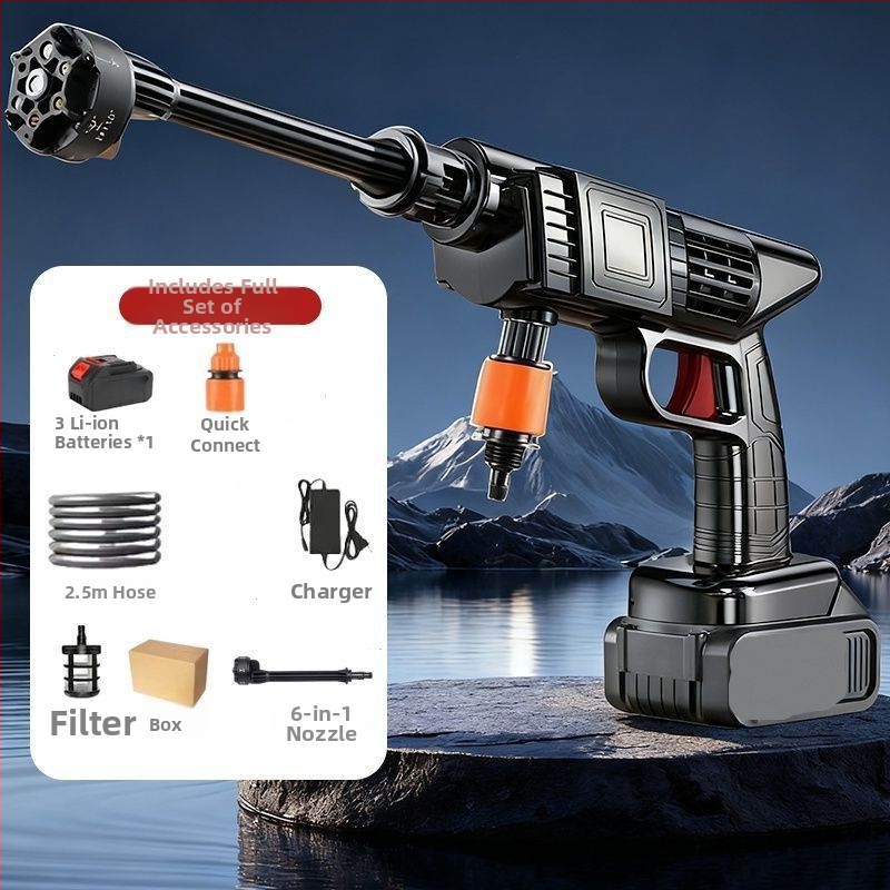 Vezeték nélküli autómosó készülék, nagy nyomású vízpuskával, hordozható, ABS műanyag fúvóka