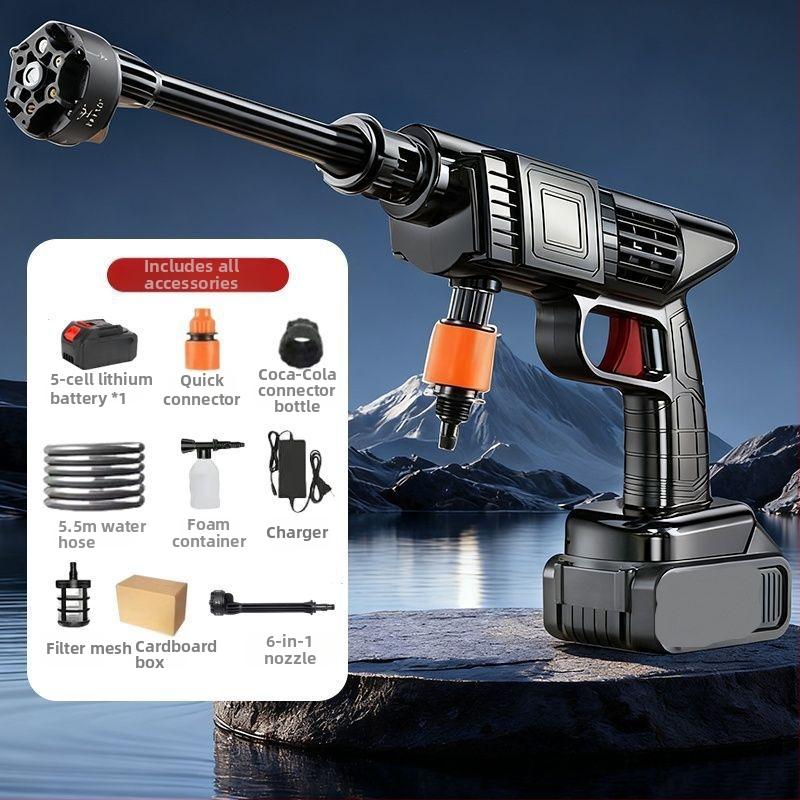 Vezeték nélküli autómosó készülék, nagy nyomású vízpuskával, hordozható, ABS műanyag fúvóka