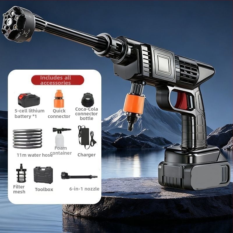 Vezeték nélküli autómosó készülék, nagy nyomású vízpuskával, hordozható, ABS műanyag fúvóka