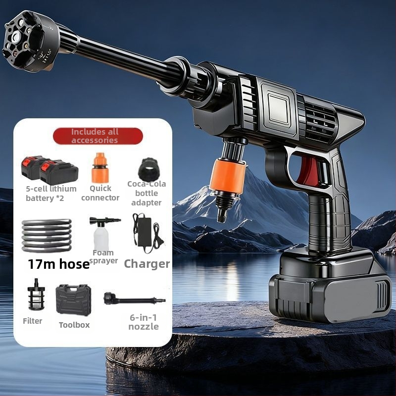 Vezeték nélküli autómosó készülék, nagy nyomású vízpuskával, hordozható, ABS műanyag fúvóka