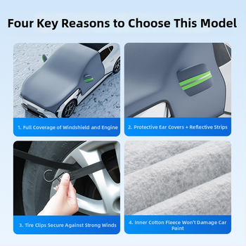 Univerzális téli autós hóvédő takaró: védi a szélvédőt, a motortetőt és a tükröket; puha Oxford anyag flockinggal; kampós rögzítéses telepítés; általános illeszkedés; minden évszakra