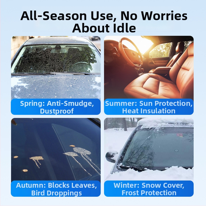 Univerzális téli autós hóvédő takaró: védi a szélvédőt, a motortetőt és a tükröket; puha Oxford anyag flockinggal; kampós rögzítéses telepítés; általános illeszkedés; minden évszakra