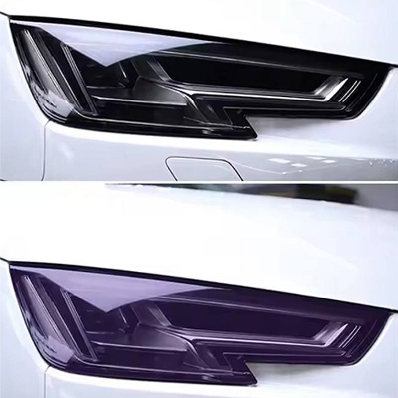 TPU film za farove Tesla Model X, promjena boje pod utjecajem svjetla, samoreparirajući, otporan na ogrebotine, prijelaz iz bijele u ljubičastu.