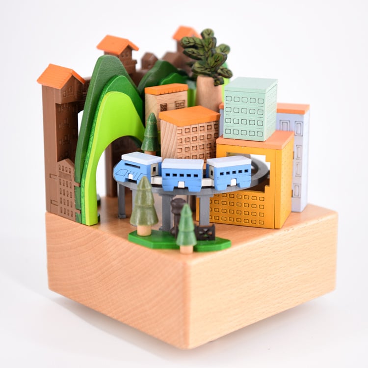 Fából készült zenélő doboz – Varázslatos városi vonat, új kínai stílus, kézi faragás, logónyomás elérhető.