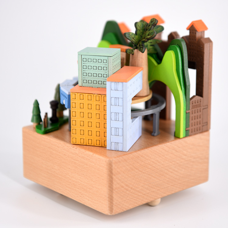 Fából készült zenélő doboz – Varázslatos városi vonat, új kínai stílus, kézi faragás, logónyomás elérhető.