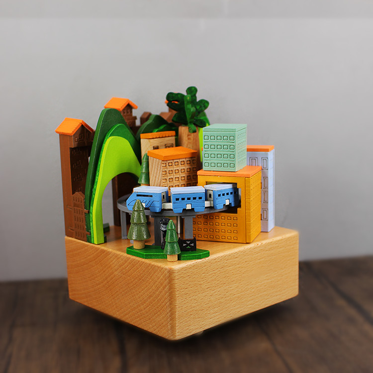 Fából készült zenélő doboz – Varázslatos városi vonat, új kínai stílus, kézi faragás, logónyomás elérhető.