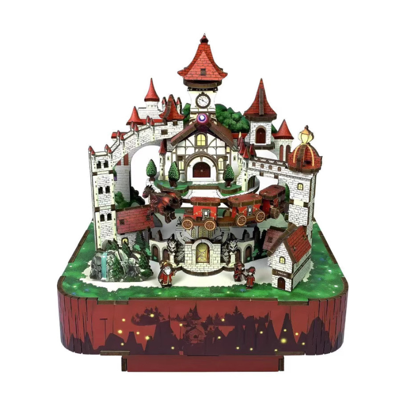 DIY mesebeli kastélyfa zenélő doboz gravírozással, kézzel összerakható építőblokkok – logó nyomtatása elérhető, ajándék születésnapra és gyermeknapra