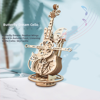 Drvena 3D slagalica glazbena kutija, ručna izrada s graviranjem, dizajn Butterfly Dream za violončelo — dar odraslima