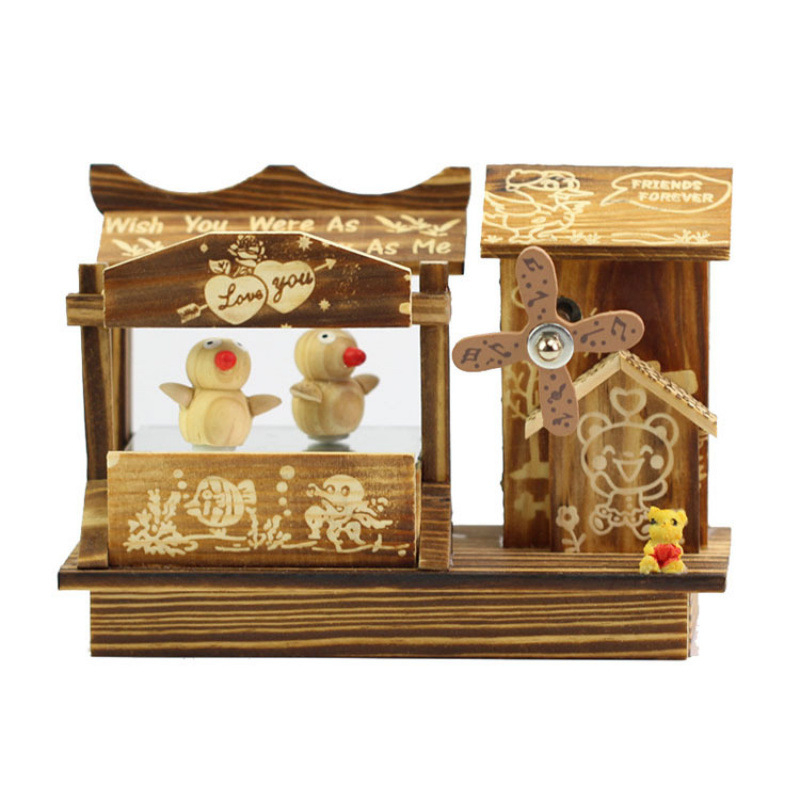 Ξύλινο μουσικό κουτί με χορεύον πουλί και κουρδιστό μηχανισμό, χαραγμένη διακόσμηση, μοντέρνο μινιμαλιστικό στυλ, μοντέλο 81005