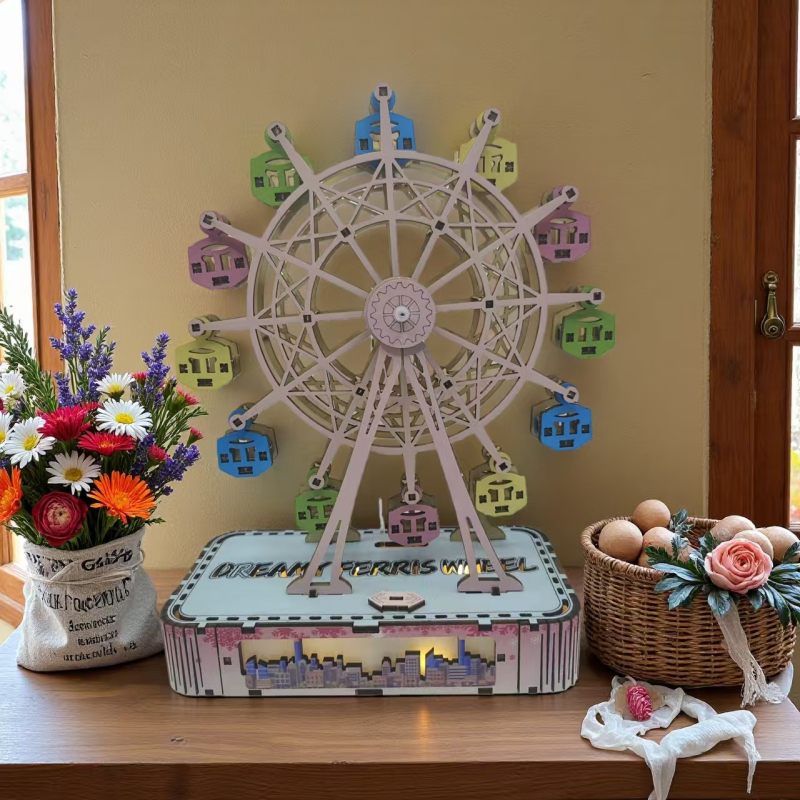 Drvena DIY Ferris Wheel s glazbenom kutijom – ručna izrada, graviranje, UV ispis, moderan minimalistički stil, prilagodljiv dar
