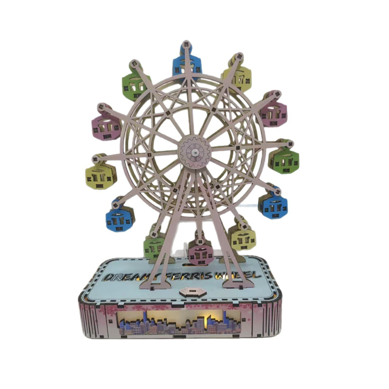 Drvena DIY Ferris Wheel s glazbenom kutijom – ručna izrada, graviranje, UV ispis, moderan minimalistički stil, prilagodljiv dar