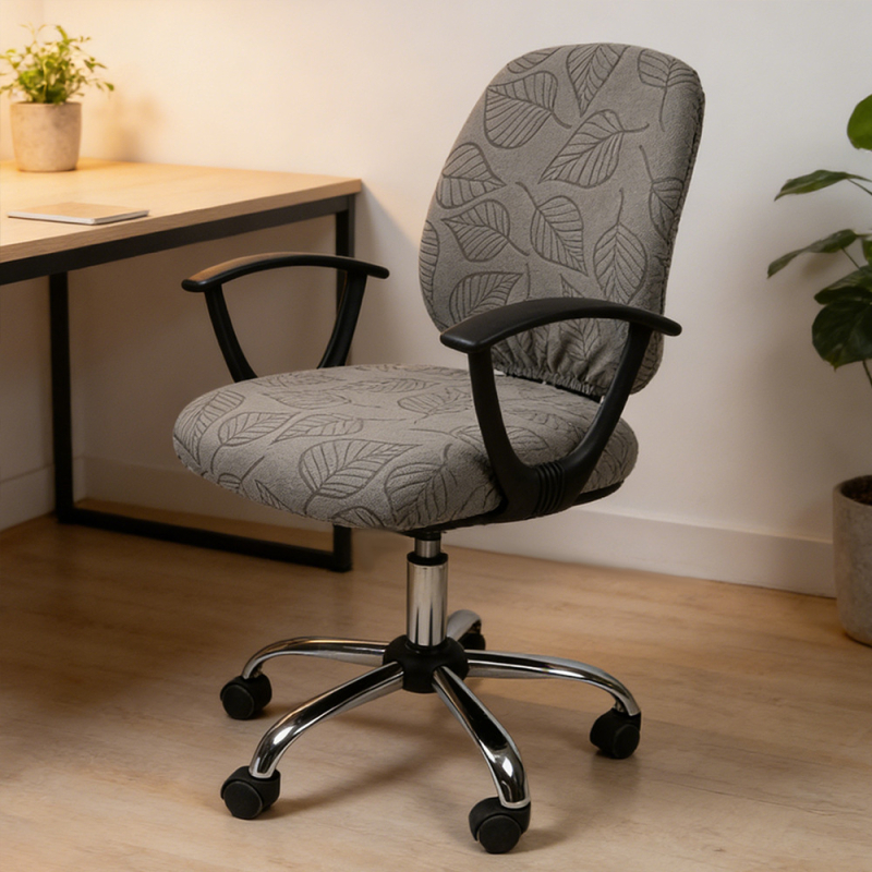 Acoperire pentru scaun de birou cu fixare elastică și model de frunză, poliester, formă neregulată, rezistent la uzură, la praf, stil modern minimalist