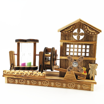 Ξύλινο μουσικό κουτί με περιστρεφόμενο νερομύλο και κλεψύδρα, κινεζικό στυλ, ξύλο λωτού, γυαλιστερή επιφάνεια